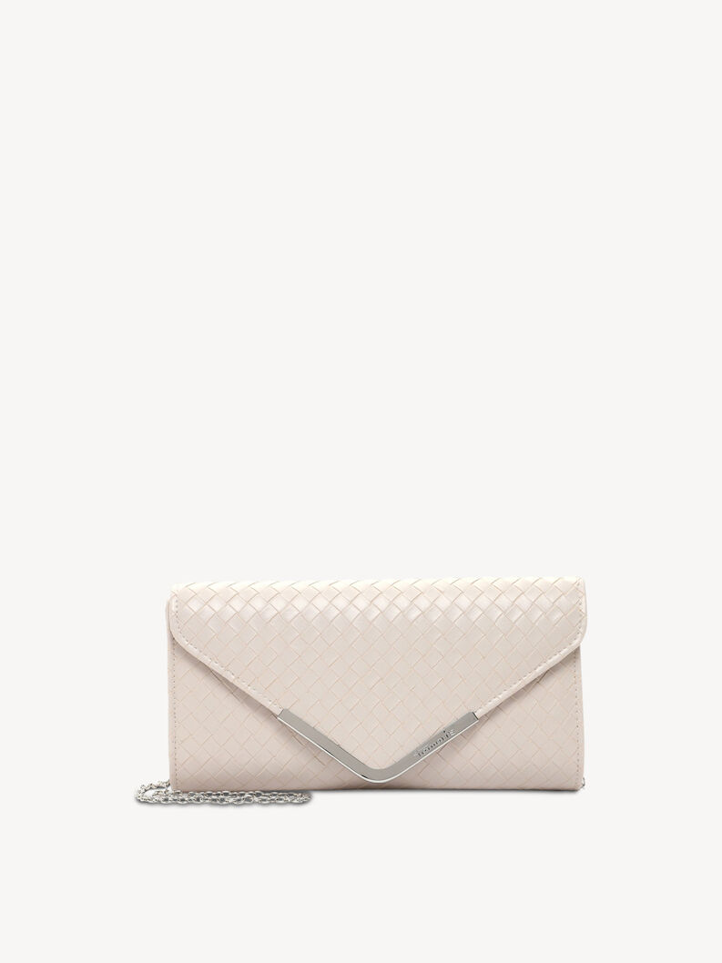 Elegant beige women's clutch bag with metal detail and chain strap