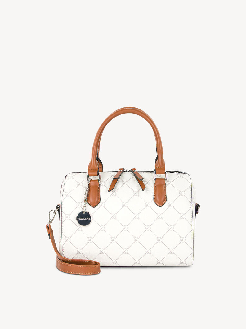 Biała torebka z brązowymi uchwytami i wzorem na powierzchni