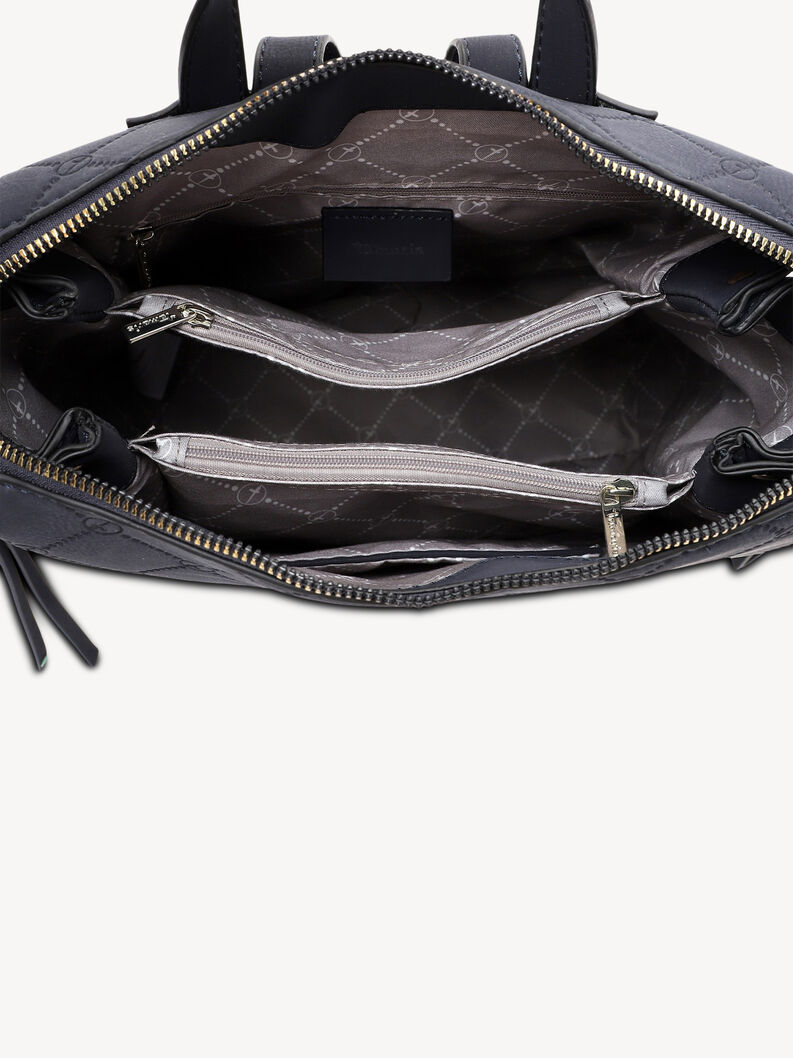 Innenansicht schwarzer gesteppter Rucksack mit Organizer und Rei&szlig;verschlusstaschen