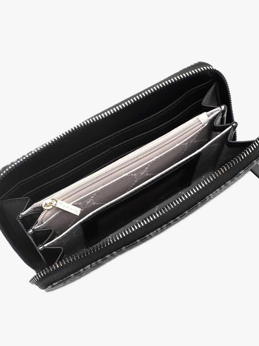 Interieur van zwarte portemonnee met ritssluiting en kaartsleuven