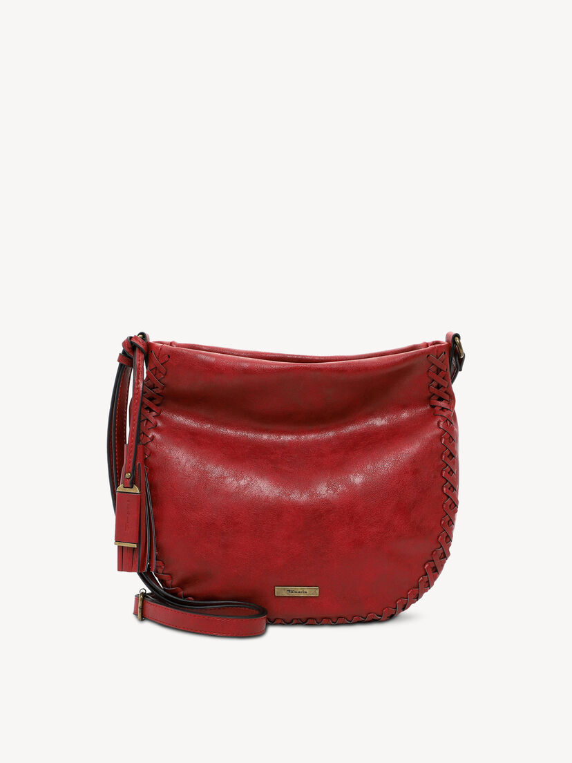 Rode leren schoudertas met gevlochten randen en kwastje