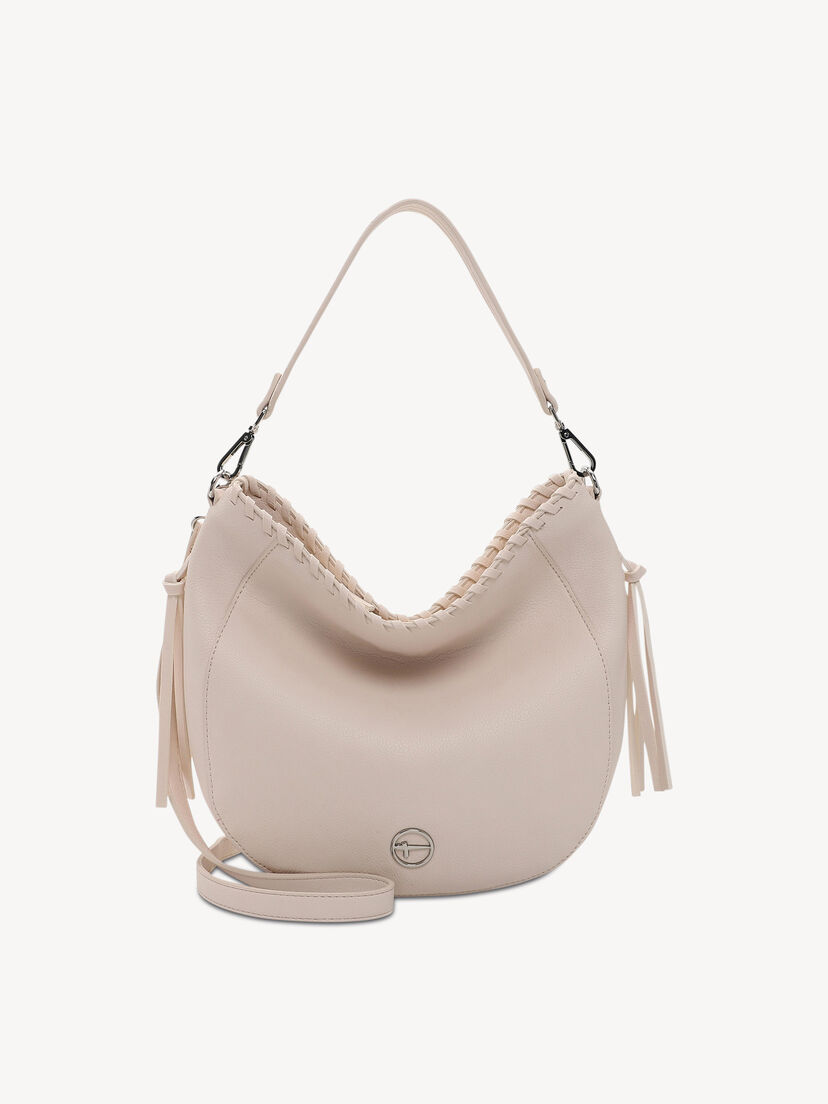 Lichtbeige leren damestas met decoratieve stiksels en kwastjes