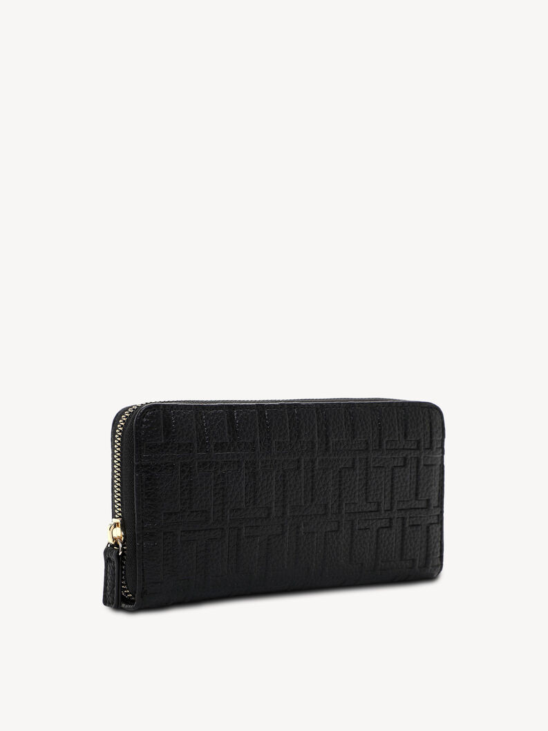 Side view of black leather wallet with embossed pattern and zipper