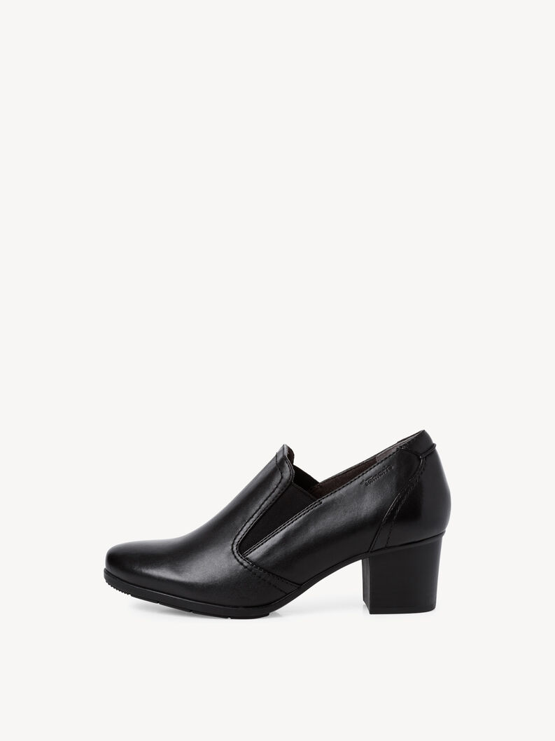 Schwarze Damenlederpumps mit niedrigem Absatz und elastischen Eins&auml;tzen