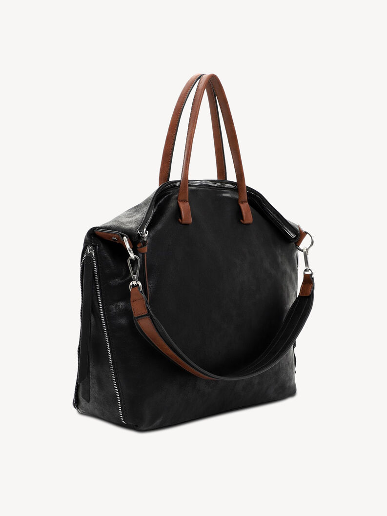 Schwarze Ledertasche mit verstellbarem braunen Schulterriemen und Rei&szlig;verschl&uuml;ssen