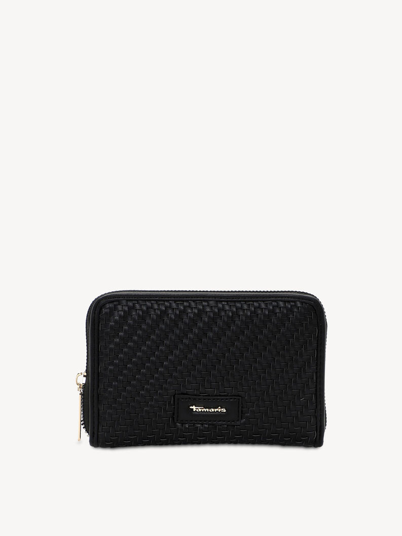 Black woven synthetic leather wallet with zipper closure