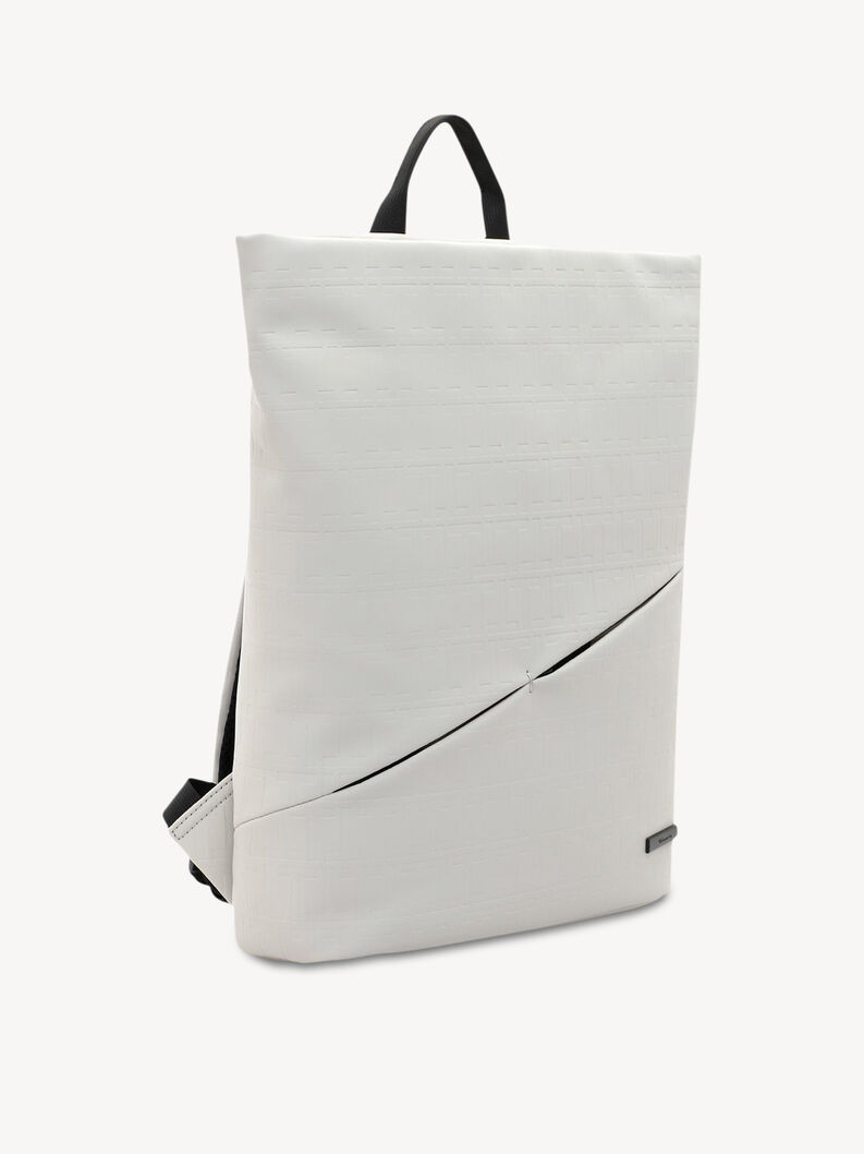 Biały nowoczesny plecak z czarnymi paskami i ukośnym zamkiem, widok z boku