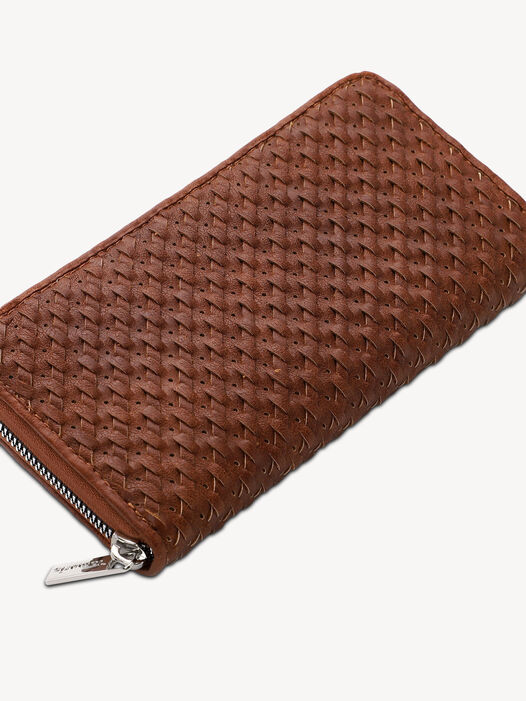 Close-up van bruine leren portemonnee met doorgestikt patroon en zilveren rits