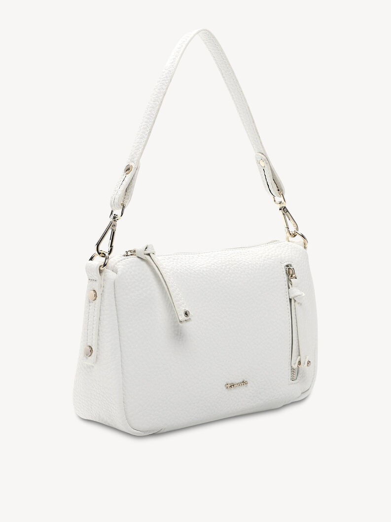 Borsa in pelle bianca con doppio manico e cerniera frontale evidente