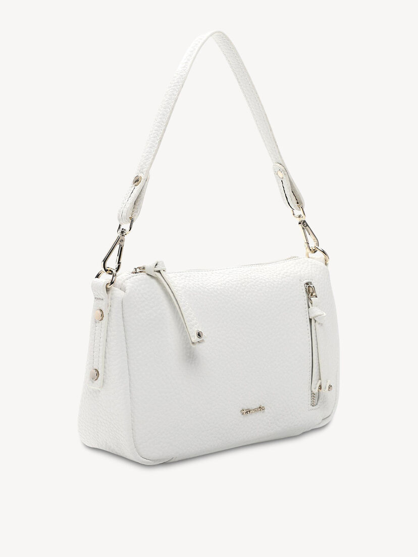 Witte leren handtas met dubbele hengsels en opvallende ritssluiting voor