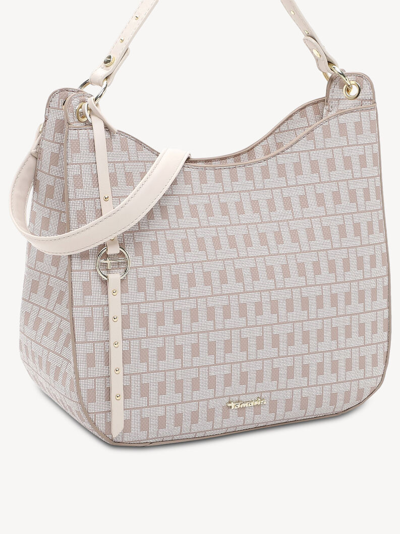 Beige Handtasche mit zwei Tr&auml;gern und goldfarbenen Metalldetails