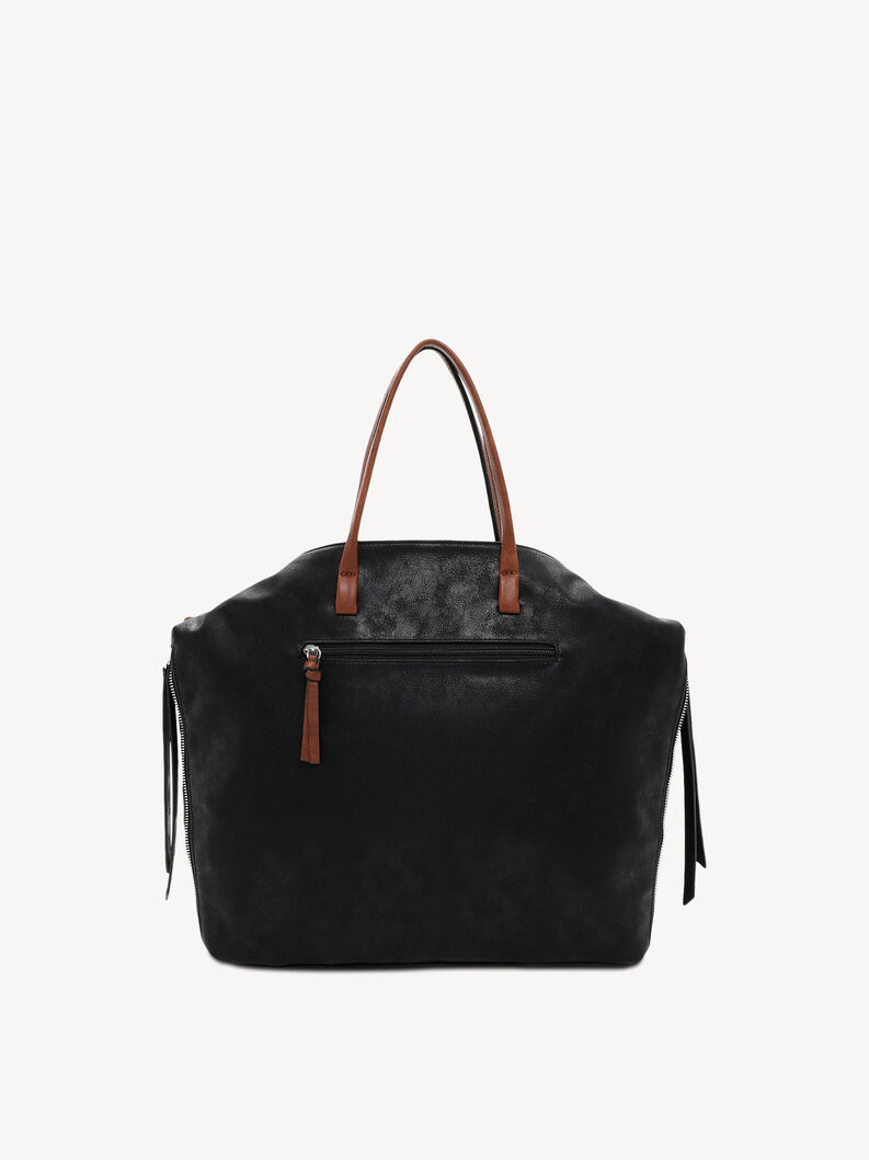 Schwarze Ledertasche mit braunen Griffen und Rei&szlig;verschluss an der R&uuml;ckseite