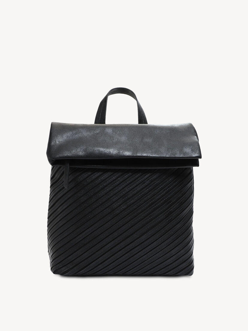 Zwarte leren rugzak met diagonale strepen en overslagklep