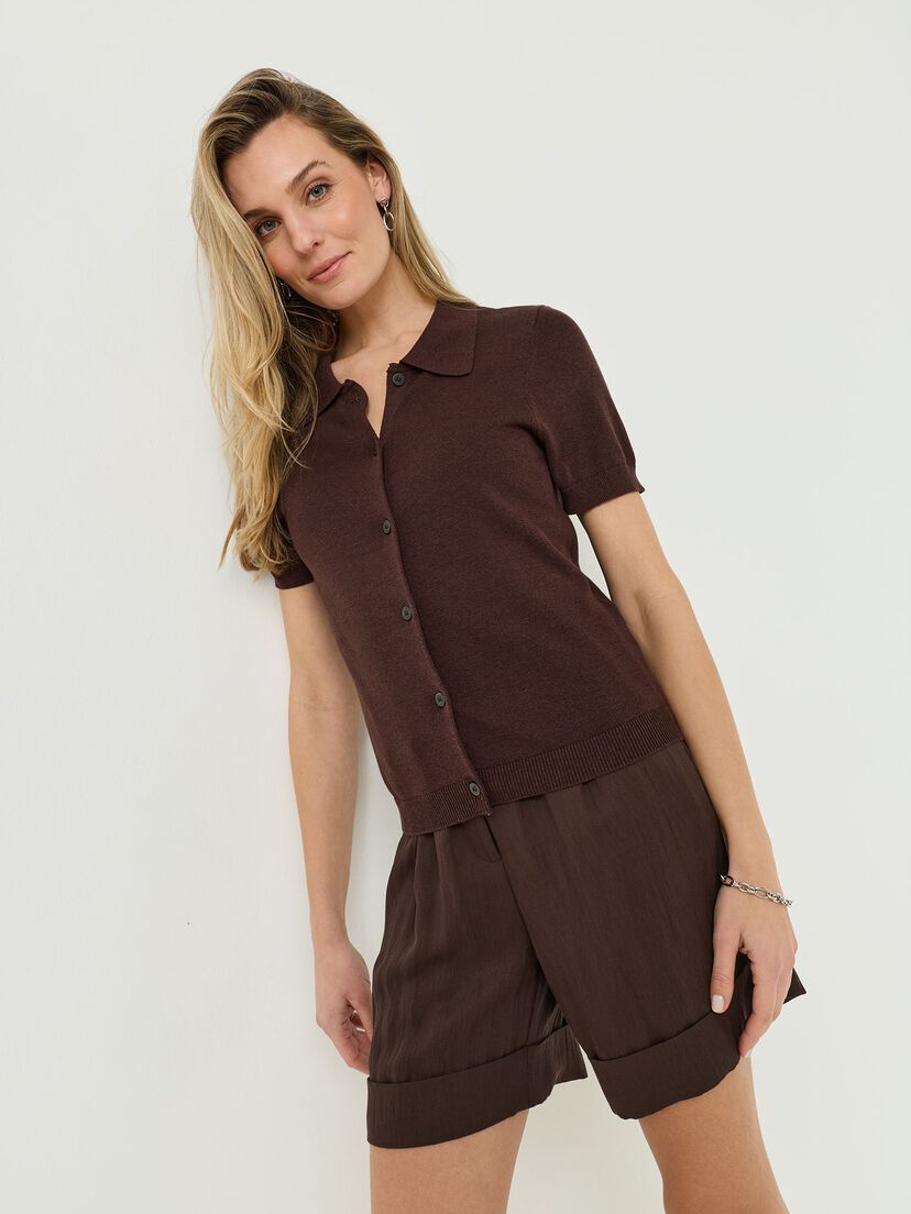 Gebreide polo - bruin, Coffee Bean, hi-res