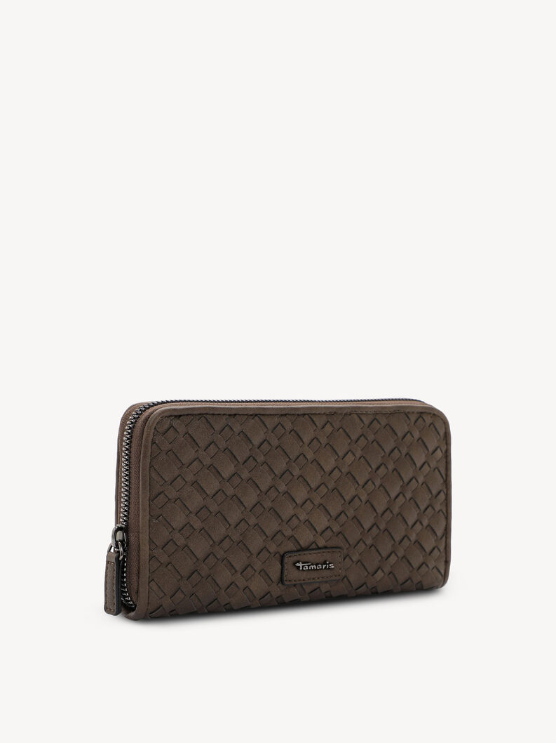 Brown Tamaris wallet with woven texture and metal zipper
