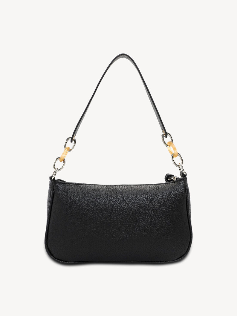 Back view of black textured leather handbag with light brown rings