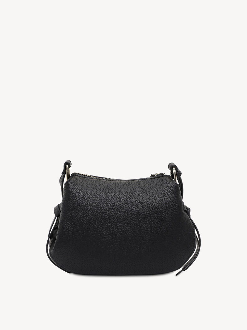 Dos du sac bandouli&egrave;re en cuir noir textur&eacute; avec d&eacute;tails argent&eacute;s