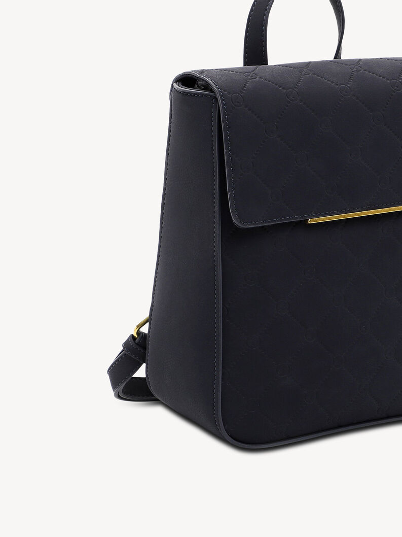 Detailansicht der Seite eines schwarzen Rucksacks mit goldenem Detail