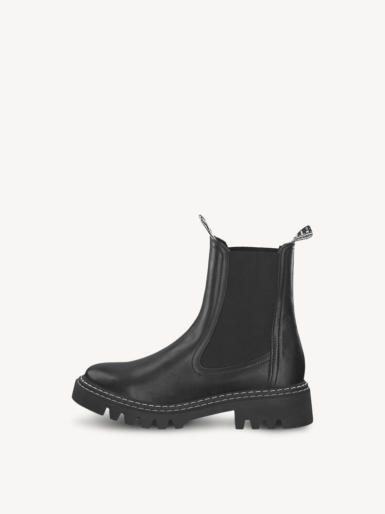 Black leather Chelsea ankle boots with elastic side panels and lug sole