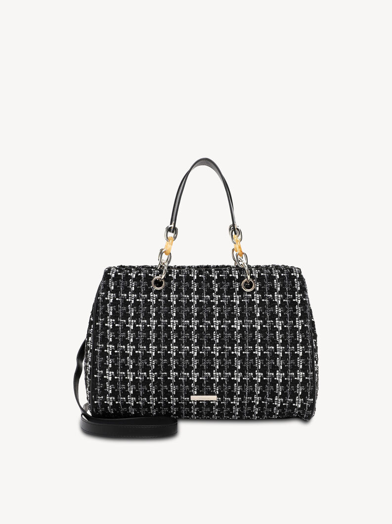 Schwarze Tasche aus gewebtem Stoff mit dekorativen Griffringen