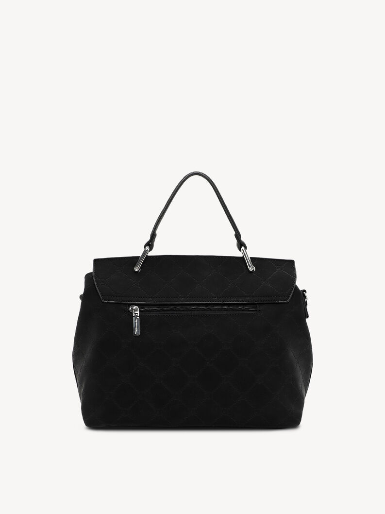 Back view of black women's handbag with zippered pocket