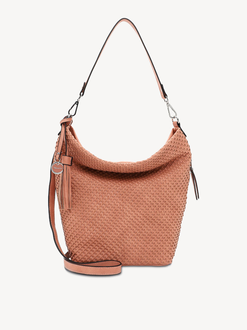 Salmon pink bag with woven pattern and decorative tassel detail