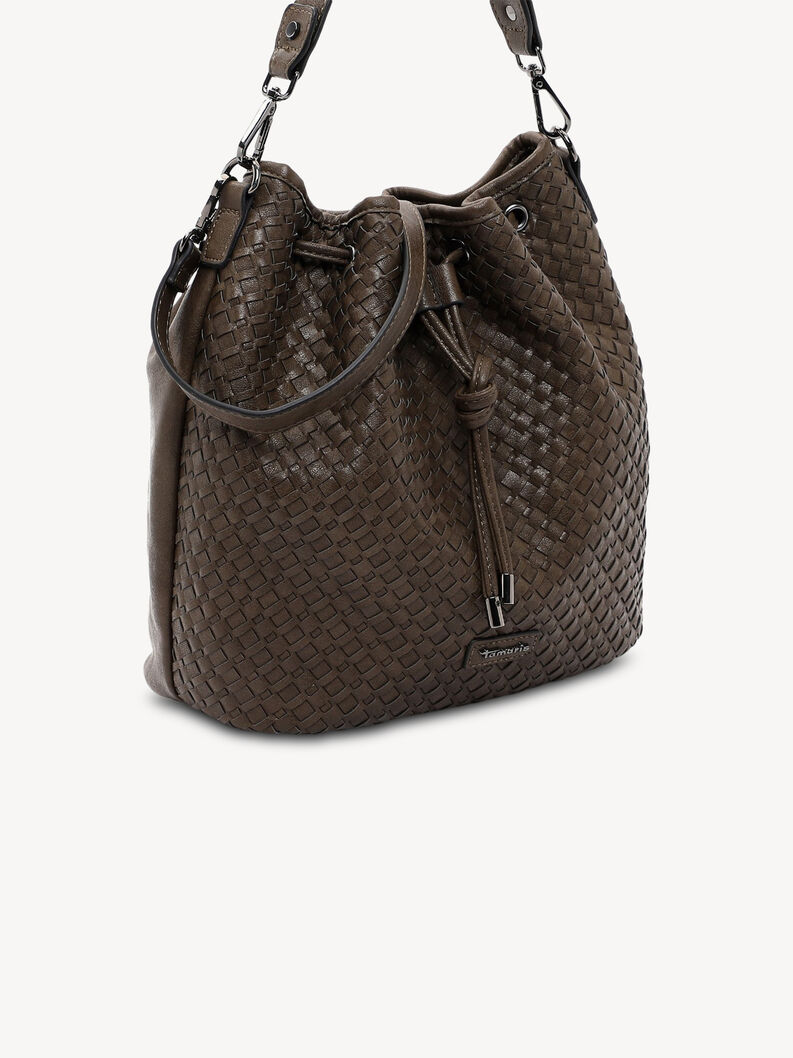 Angled view of dark brown woven leather shoulder bag