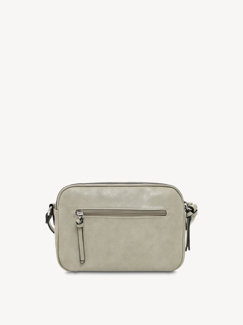 R&uuml;ckansicht einer beigen Kunstledertasche mit Rei&szlig;verschlusstasche