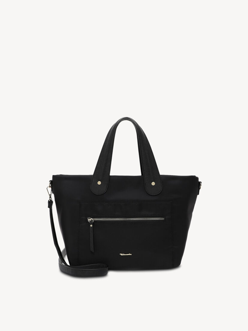 Zwarte schoudertas van glad materiaal met voorvak met rits
