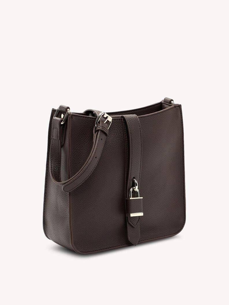 Vue arri&egrave;re d&rsquo;un sac en cuir marron avec bandouli&egrave;re r&eacute;glable et boucle argent&eacute;e