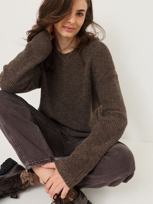 Gebreide trui, Mid Brown Melange, hi-res