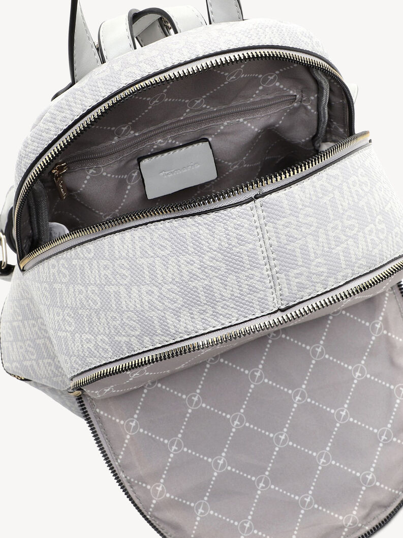 Dettaglio interno dello zaino grigio con tasca con cerniera e fodera