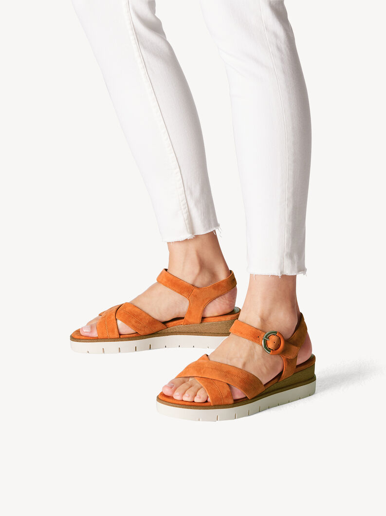 Sandale à talon en cuir - orange, orange, hi-res