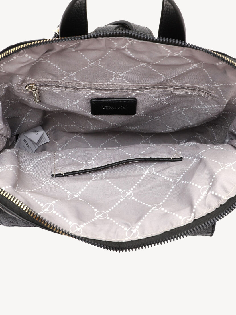 Interieur van zwarte rugzak met grijze patroonvoering en ritssluitingvak