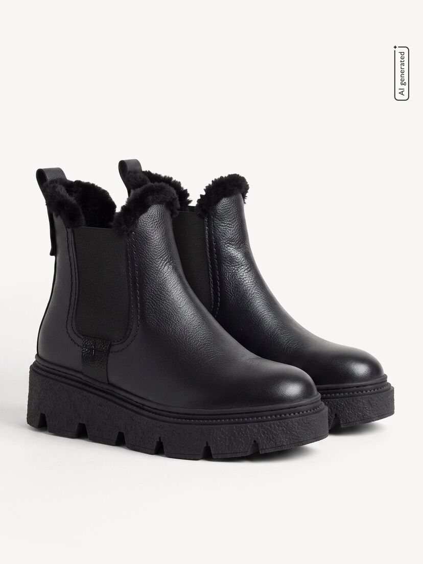 Leren Enkellaarsje - zwart warme voering, BLACK LEATHER, hi-res