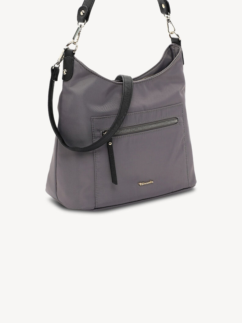 Grey handbag with detachable black strap and front zipper pocket