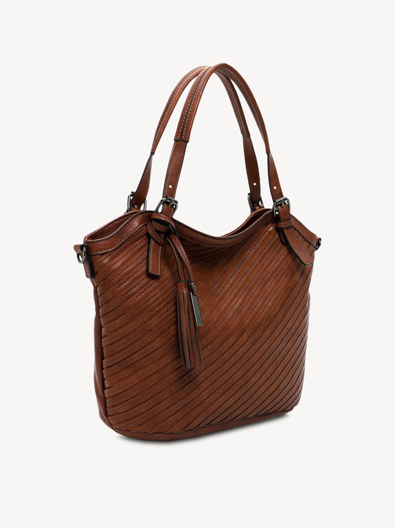 Brown leather handbag with adjustable handles and tassel detail