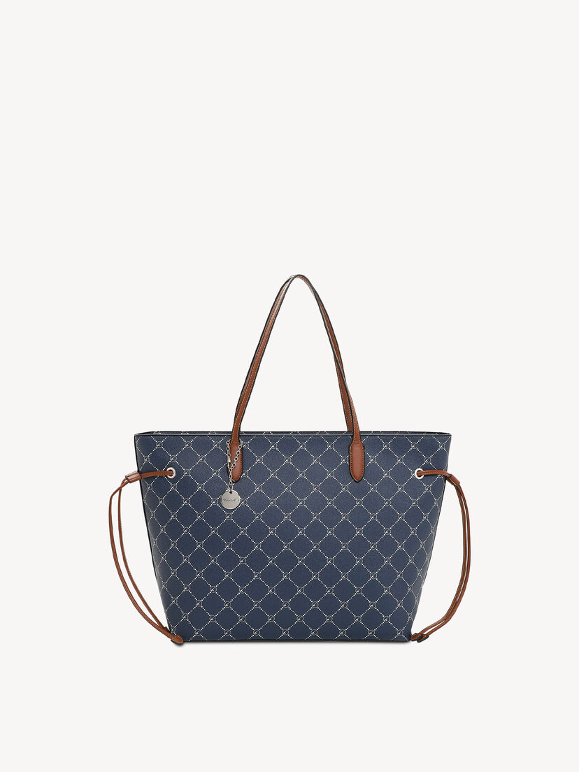 Blauwe shopper tas met bruine leren handvatten en patroonontwerp