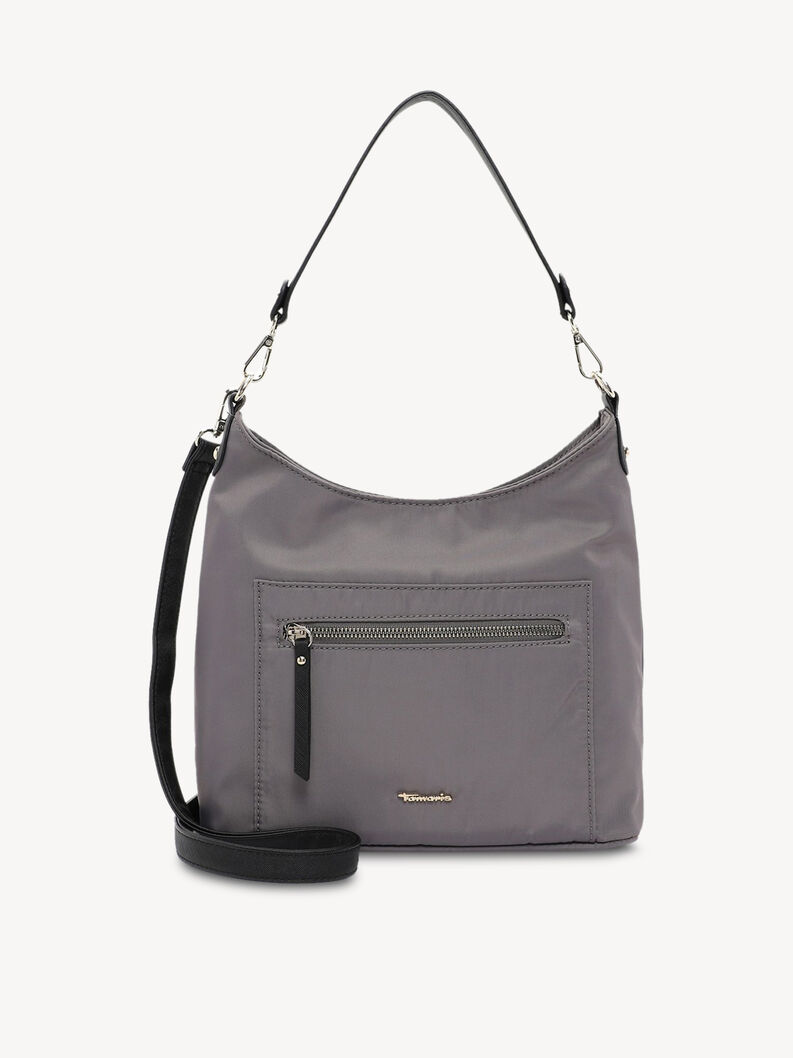 Grey stylish handbag with black strap and front zipper pocket