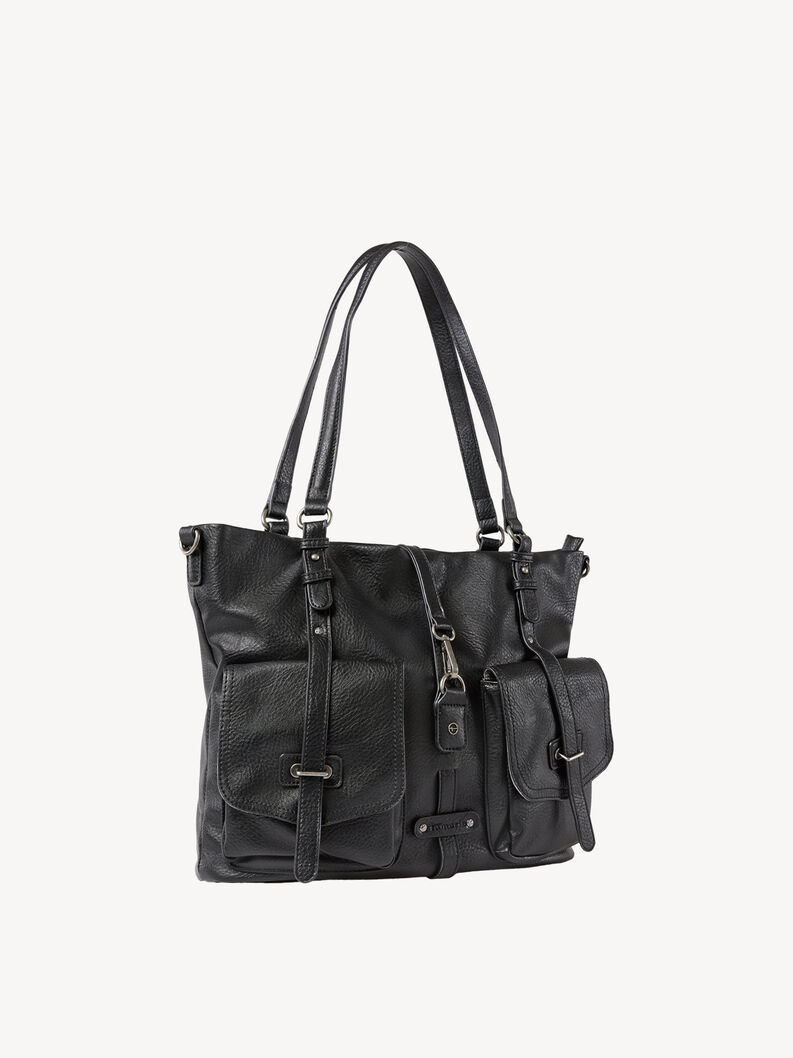 Schwarze Lederhandtasche mit verstellbarem Gurt und silbernen Details